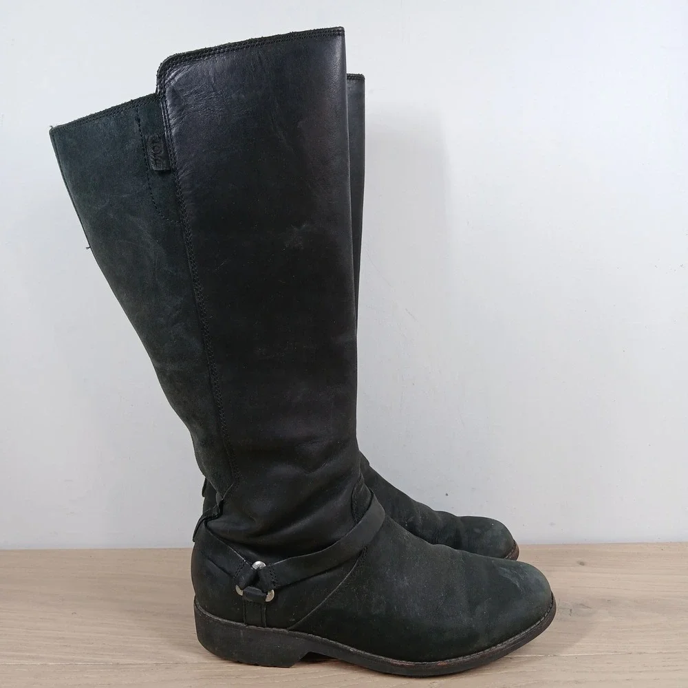 Teva Boots Womens 9.5 Black Leather Tall Zip Utility Outdoorsy HarnessDtails